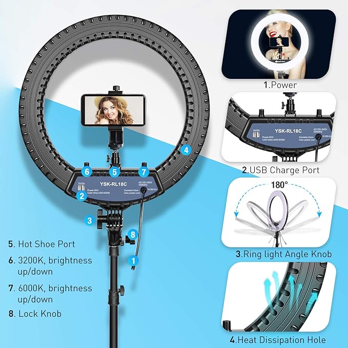 Yesker Ring Light 18 Inch with Stand Tripod Big Selfie Ringlight Adjustable 6000K Dimmable LED Portable Professional Ring Lights Kit Phone Holder for Camera Live Streaming Makeup YouTube Video TikTok