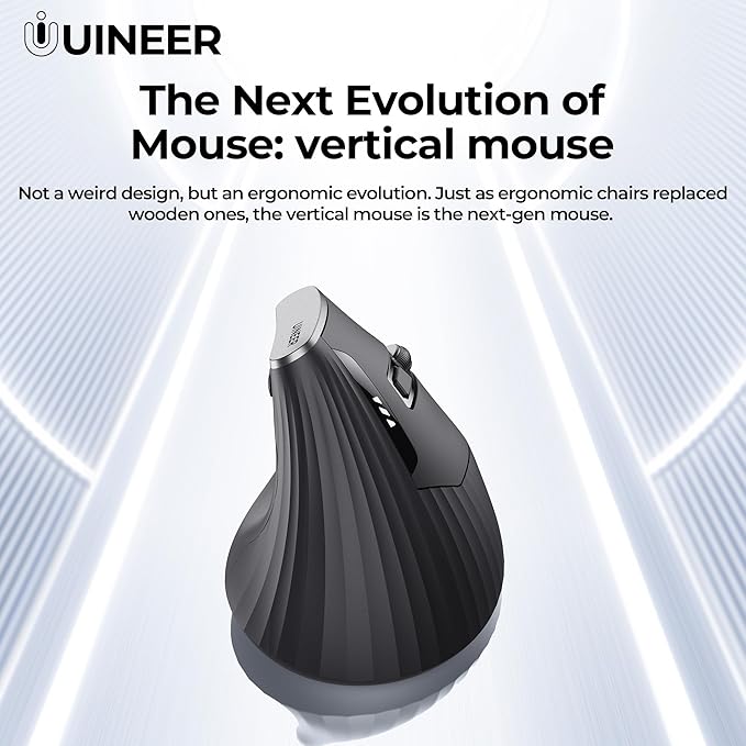 Uineer Wireless Ergonomic Mouse, Rechargeable Vertical Mouse 2.4G with USB-A Receiver, 2400 DPI Optical Tracking Mice, Quiet Clicks, 6 Buttons, Ergo Cordless Computer Mouse for Windows/Mac/Laptop