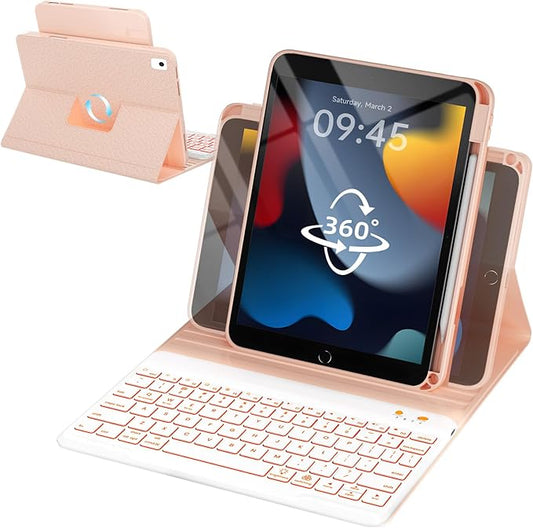 OYEEICE for iPad 9th Generation Case with Keyboard - Detachable Backlit Keyboard - Rotatable Cover with Pencil Holder for iPad 9th/8th/7th Gen, iPad Air 3rd Gen & iPad Pro 10.5" - Pink