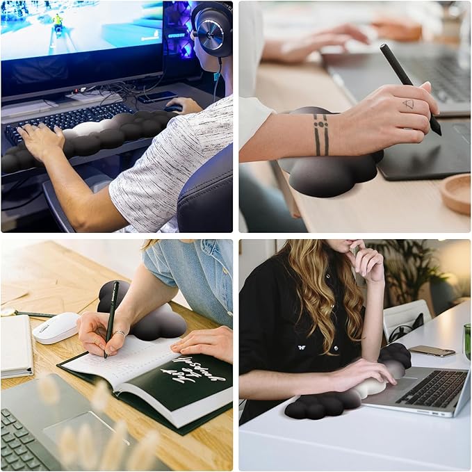 2 PCS Keyboard Cloud Wrist Rest, Memory Foam Keyboard Palm Rest with Non-Slip Base Ergonomic Keyboard Wrist for Pain Relief, Soft Wrist Rest for Office, Computer, Laptop, Gaming Office (Black)