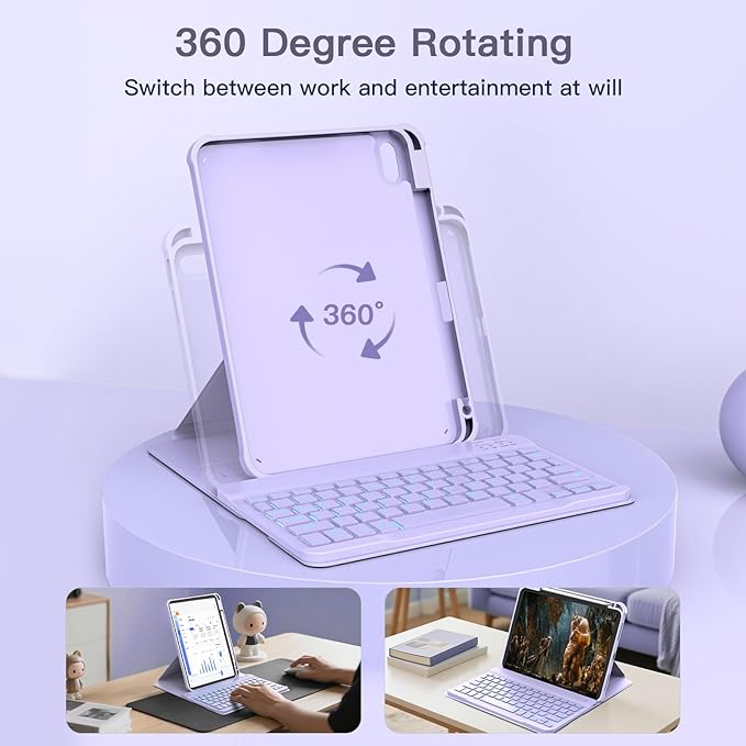for iPad 11th(A16, 2025)/10th Generation Case with Keyboard, 360° Rotatable Case & Detachable Backlit Keyboard, Precision Cutouts and Pen Holder for iPad A16 11''/10th 10.9'', Purple
