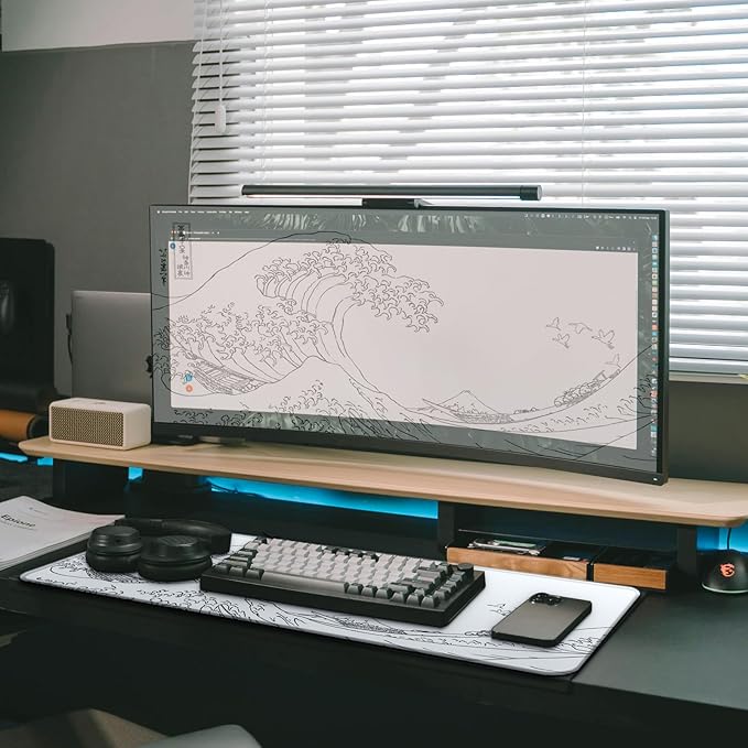 Gaming Mouse Pad, Large 31.5 x 11.8 inches Mousepad, Long Keyboard Pad, Cute Mouse Mat for Computer with Stitched Edges and Non-Slip Base (Japanese Grey White Wave)