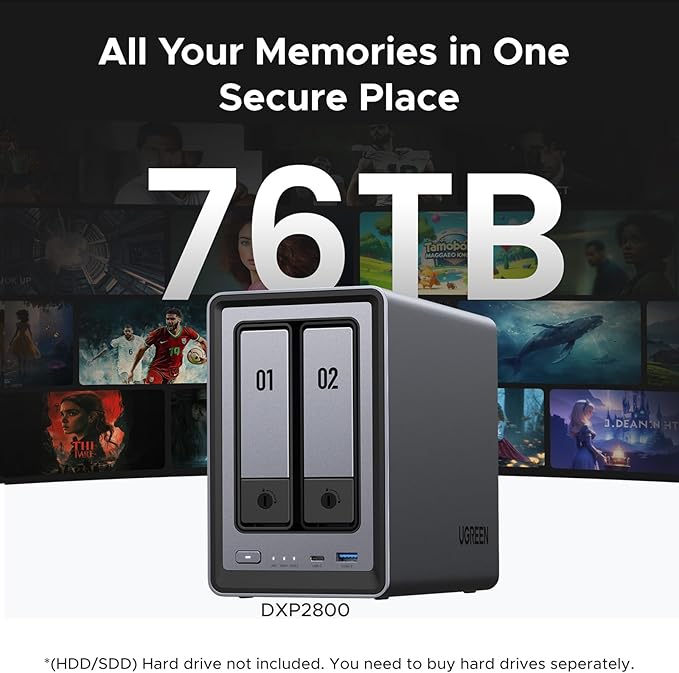 UGREEN NAS DXP2800 2-Bay Desktop All-Round NASync Ideal for Small Team, Enthusiasts, Intel N100 Quad-core CPU, 8GB DDR5 RAM, 2.5GbE, 2X M.2 NVMe Slots, 4K HDMI, Network Attached Storage (Diskless)