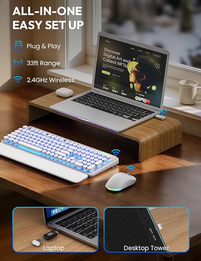 Wireless Keyboard and Mouse Combo - Backlit Typewriter Keyboard with Magnetic Wrist Rest & Phone Holder, Light Up Round Keys, 2.4GHz Cordless Set for Mac, Windows, PC, SABLUTE (Cloud Dancer White)