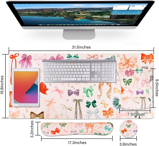 MEGREZ 4-in-1 Ergonomic Memory Foam Wrist Rest Set, Desk Pad, Mouse Pad with Wrist Rest, Keyboard Pad, Suitable for Office Workers, Programmers & Gamers–Relieve Typing & Gaming Fatigue, White Bow