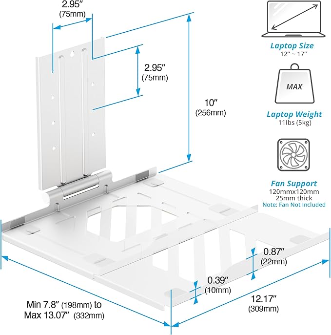 AVLT Adjustable Laptop Tray with Support for 120mm Fan Compatible with VESA 75x75 Monitor Arm - Fits Up to 17 Inch Laptop - White (Fan Not Included)