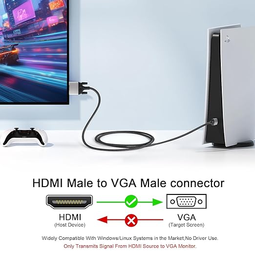 HDMI to VGA Adapter Cable 5ft Uni-Directional Only,Gold-Plated 1080p@60Hz HDMI Male to VGA Male Braided Cord for PC,Laptop,Monitor,HDTV