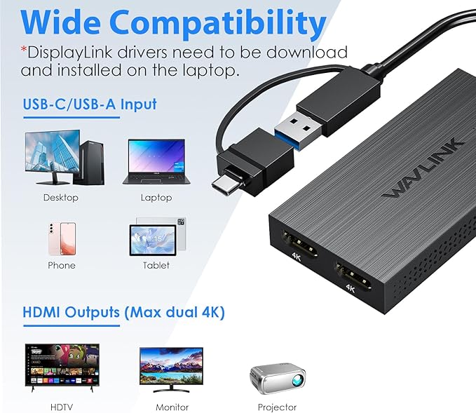 WAVLINK USB 3.0 & USB C to Dual HDMI Adapter 4K@60Hz for 2 Monitors, DisplayLink USB C HDMI Adapter for Dual Monitor, for Mac M1/M2/M3, Windows, ChromeOS, Ubuntu, Android