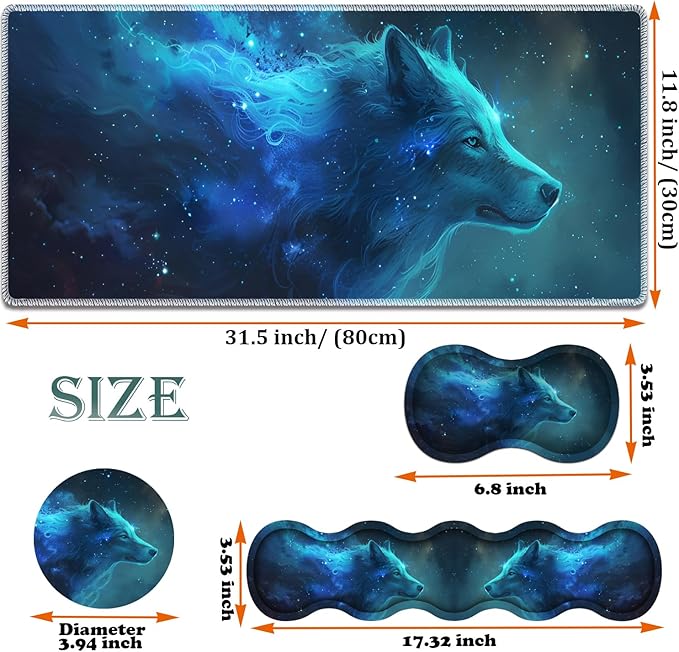 Large Gaming Mouse Pad + Keyboard Wrist Rest + Wrist Support + Coaster Set, Memory Foam Ergonomic for Easy Typing, XXL Extended Gaming Mouse Pad Table Pad - Nebular Wolf