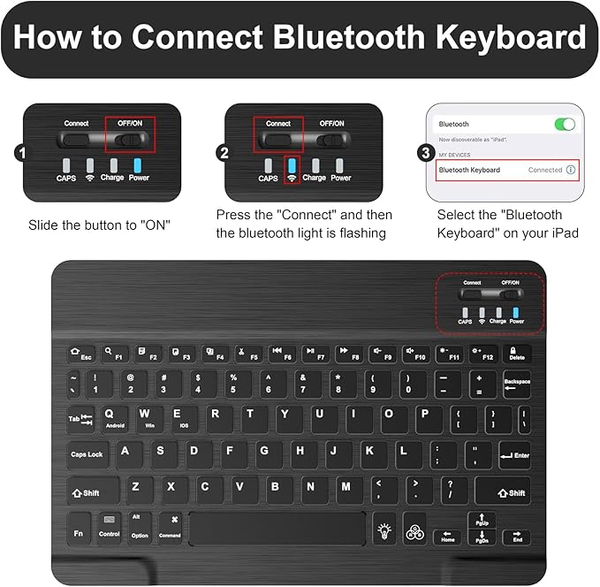 Soke for iPad (A16) 11th/10th Generation Case with Keyboard(2025/2022)-7 Color Backlight Wireless Detachable Folio Keyboard Cover with Built-in Pencil Holder for iPad 11/10.9 inch, Black Marble