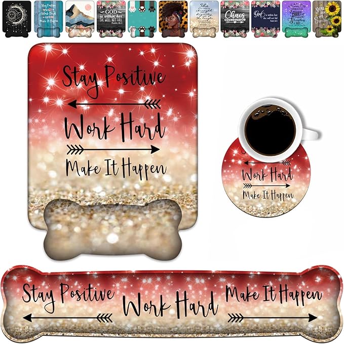Keyboard Wrist Rest and Mouse Pad Wrist Support Set,Stay Positive Work Hard and Make It Happen Inspirational Quote Non-Slip Rubber PU Base for Home Office Working Studying Easy Typing & Pain Relief