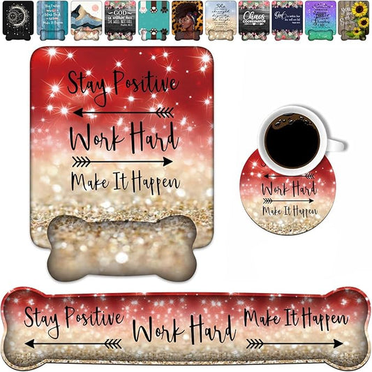 Keyboard Wrist Rest and Mouse Pad Wrist Support Set,Stay Positive Work Hard and Make It Happen Inspirational Quote Non-Slip Rubber PU Base for Home Office Working Studying Easy Typing & Pain Relief