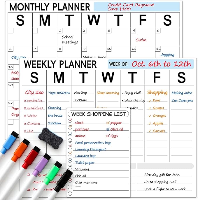 3 Pack Dry Erase Magnetic Calendar for Refrigerator - Monthly & Weekly & Daily Planner Magnet Whiteboard for Fridge Wall - Shopping, Meal/Menu, To Do List, Family Schedule Planning Board (10HB-RIZH3)