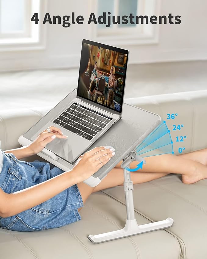 SAIJI Laptop Bed Tray Table, Adjustable PVC Leather Laptop Bed Table, Portable Standing Desk with Storage Drawer, Foldable Lap Tablet Table for Sofa Couch Floor (Gray)