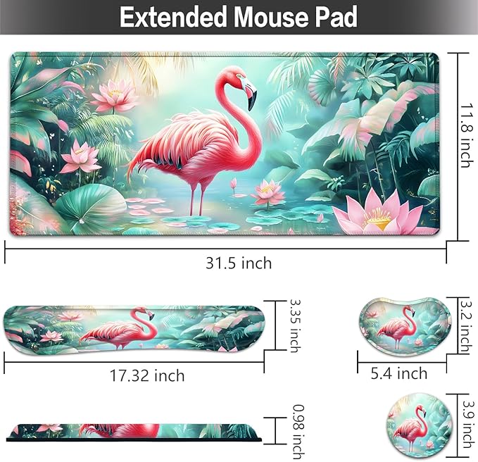 Large Mouse pad and Keyboard Support Set, Ergonomic Memory Foam Keyboard Wrist Rest, Extended Gaming Mouse Pad with Stitched Edges, Flamingo in Lotus Pond XXL Desk Mat (31.5 X 11.8 in)
