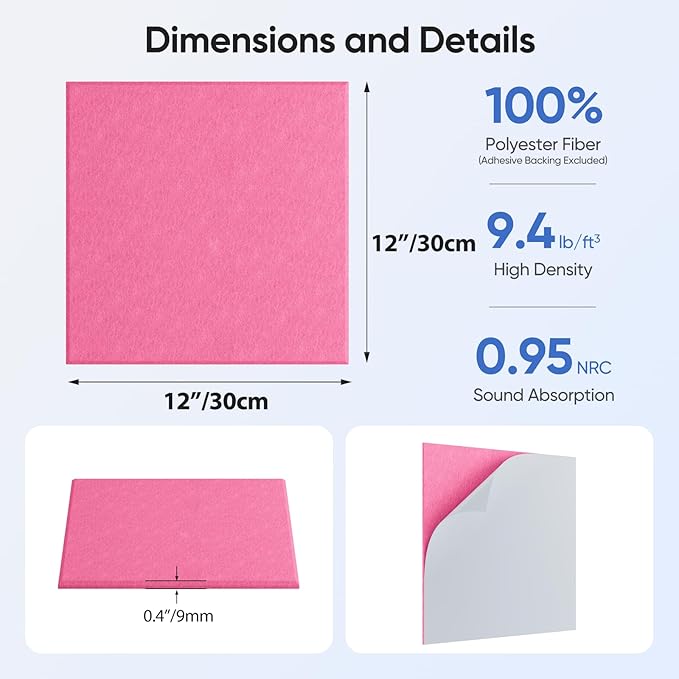 12 Pack 12" X 12" X 0.4" Acoustic Panels for Wall Sound Absorbing, Square Self-Adhesive Sound Panel, High Density Suitable for Multiple Scenarios(Peach Pink)