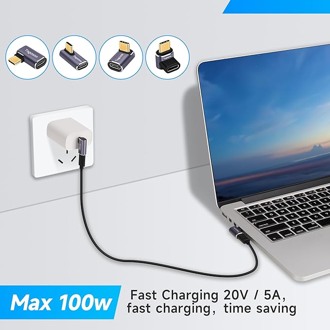 Flat 90 Degree Right Angle USB C Adapter (2 Pack), USB Type-C Male to Female Extender Connector, 40Gbps, 8K@60Hz Compatible with MacBook Pro/Air, iPhone 15/15 Pro Max, iPad Pro, Tablet, Phone, More