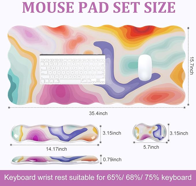 L-SPOUTTO Topographic Mouse Pad Set,Abstract Scalloped XXL Desk Mat + Ergonomic Mouse Wrist Rest +Gel Keyboard Wrist Rest for Keyboard 65%/75%,3in1 Large Desk Pad for Desktop Home Office Computer Game