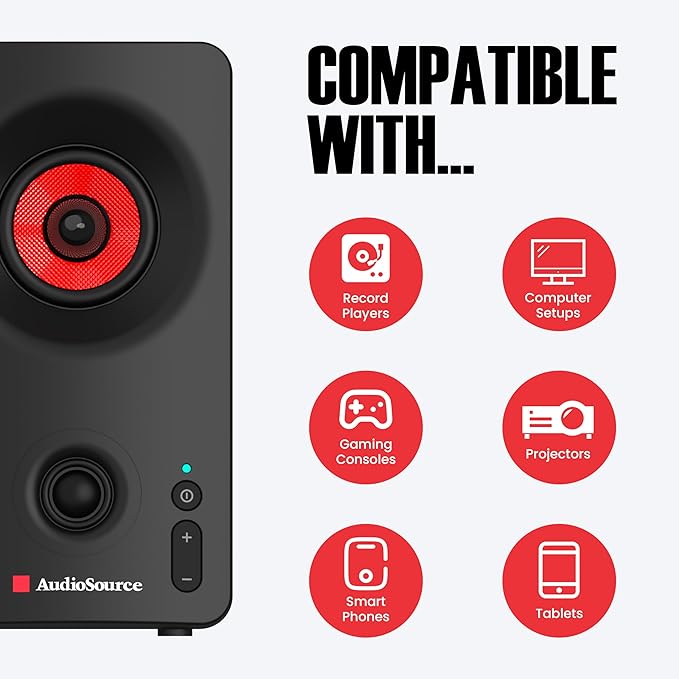 Audiosource Desktop PC Speakers with Bluetooth 5.3, USB-C Plug & Play, 2.0 Stereo Computer Speakers with Dual 2" Drivers, AUX Input, LED Indicator, Compact Design for PC, Laptop & Home Office (Black)