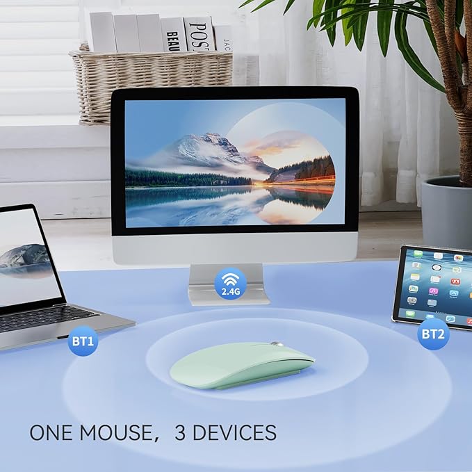TENMOS M18 Bluetooth Mouse, USB C Rechargeable Wireless Mouse, Triple Mode (Dual Bluetooth+USB) Computer Silent Mice Portable with USB Receiver and Type C Adapter for Laptop/MacBook/iPad/PC - Green