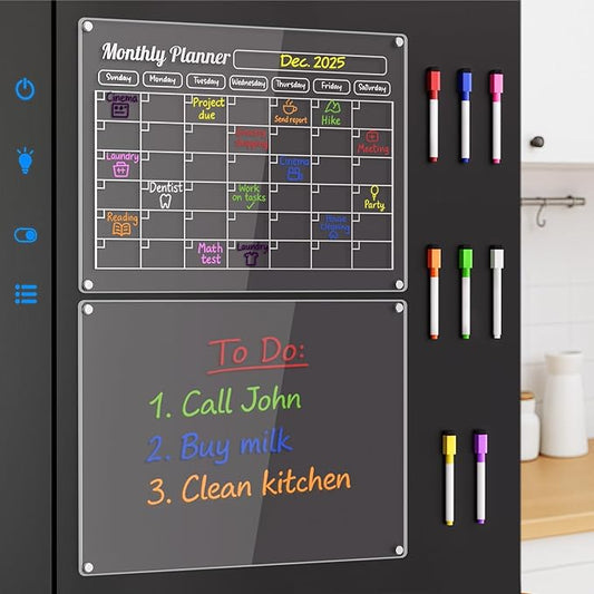 Grtard Acrylic Fridge Calendar Dry Erase Board for Fridge, 2 Pack Acrylic Calendar for Fridges, 16''x12'' Monthly & Blank Clear Magnetic Calendar White Board for Refrigerator with 8 Colorful Markers