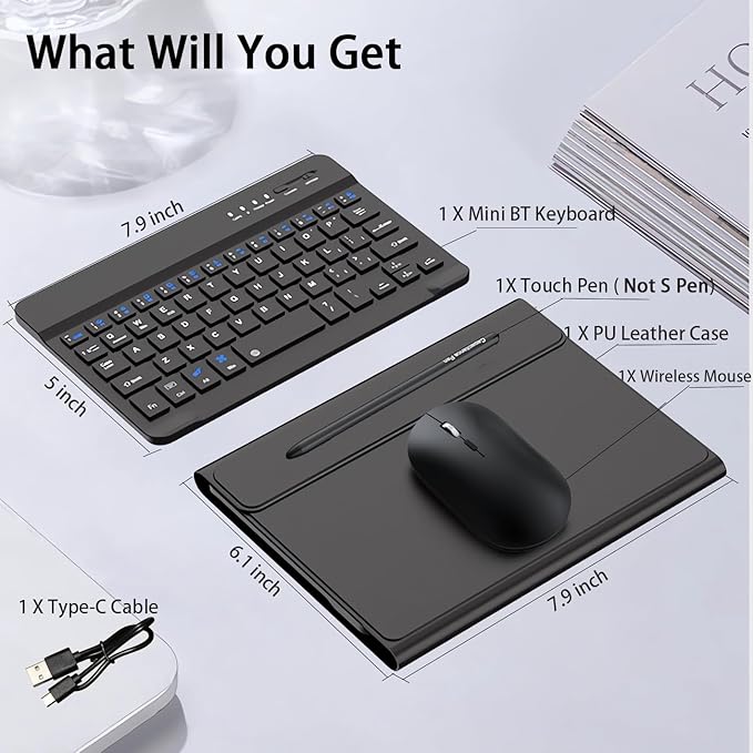 for Samsung Galaxy Z Fold 7 6 5 Keyboard and Mouse, Portable Mini 7.9 inch Bluetooth Keyboard with Leather Stand Case and Pen, 4 in 1 Travel Set for Z Trifold Fold7 Accessories,Black