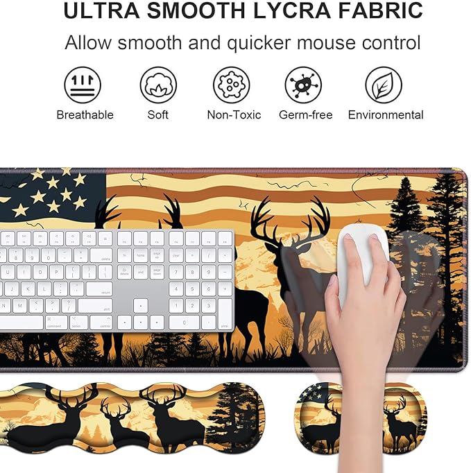 Ergonomic Keyboard Wrist Rest & Mouse Pad Wrist Rest Set, Large XXL Gaming Desk Mat 31.5"x 11.8" with Non-Slip Base, Memory Foam, Easy Typing Pain Relief for Home & Office, American Flag Deer