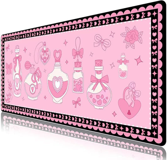 Mouse Pad, Cute Cool XXL Large Desk Mat for Desk Cover, Anti-Slip Big Mousepad with Stitched Edges, Keyboard Mat for Computer Desktop Table Protector I Pastel Pink Magic Bottles