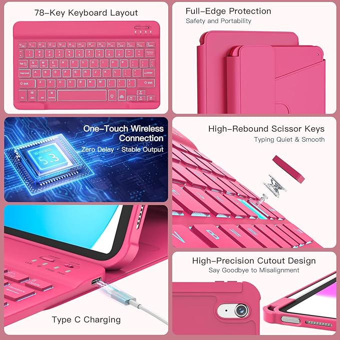 for iPad 11th(A16, 2025)/10th Generation Case with Keyboard, 360° Rotatable Case & Detachable Backlit Keyboard, Precision Cutouts and Pen Holder for iPad A16 11''/10th 10.9'', Hot Pink