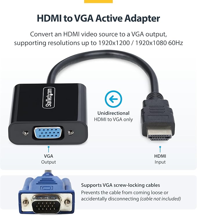 StarTech.com HDMI to VGA Adapter, Active Video Converter for Laptop/Desktop, 1920x1080 (1080p), HDMI Source to VGA Monitor