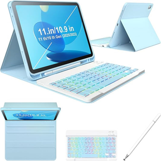 iPad 11th 10th Generation Case with Keyboard 10.9 Inch 2022 Detachable Wireless 7Colors Backlight Keyboard Case with Pencil Holder for and Magnetic Disc Universal Stylus Pen