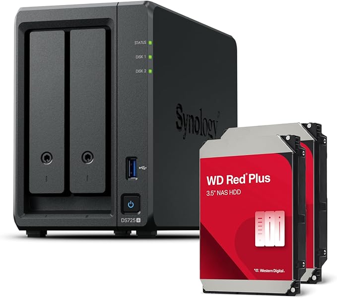 Synology DS725+ 2-Bay Diskstation NAS (Ryzen R1600, 4GB Ram, 1x 2.5GbE, 1x 1GbE, 2X M.2 NVMe) 8TB Bundle with 2X 4TB WD Red Plus