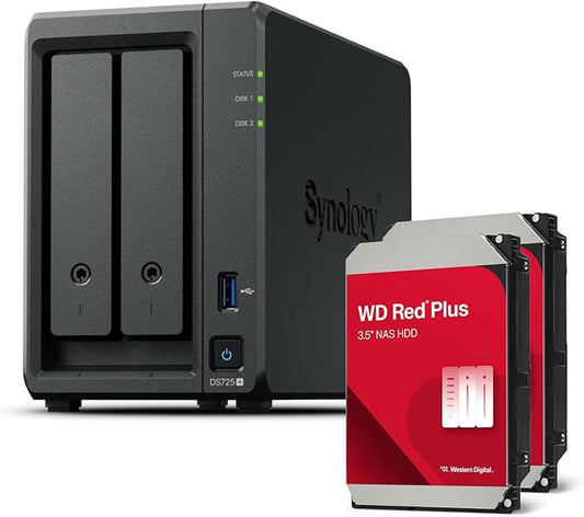 Synology DS725+ 2-Bay Diskstation NAS (Ryzen R1600, 4GB Ram, 1x 2.5GbE, 1x 1GbE, 2X M.2 NVMe) 8TB Bundle with 2X 4TB WD Red Plus