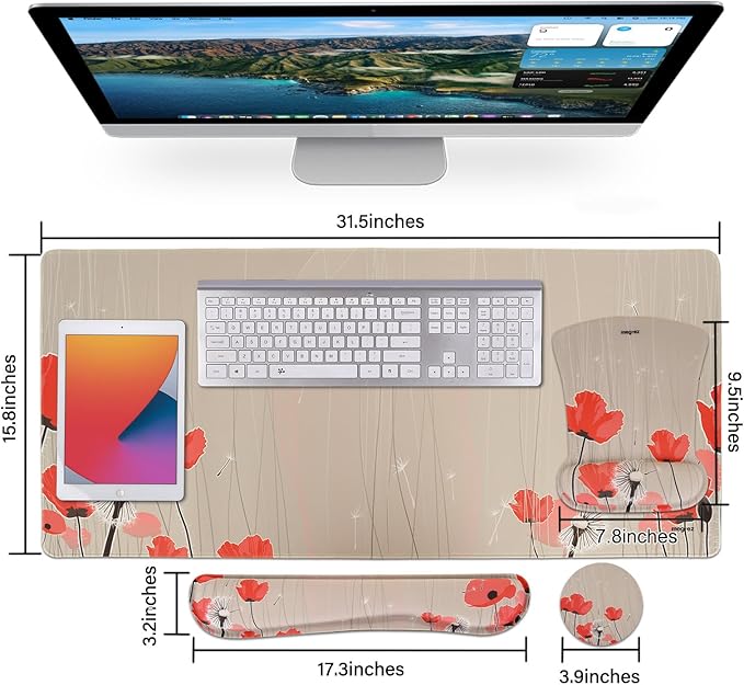 MEGREZ 4-in-1 Ergonomic Memory Foam Wrist Rest Set, Desk Pad, Mouse Pad with Wrist Rest, Keyboard Pad, Suitable for Office Workers, Programmers & Gamers–Relieve Typing & Gaming Fatigue, Light Brown