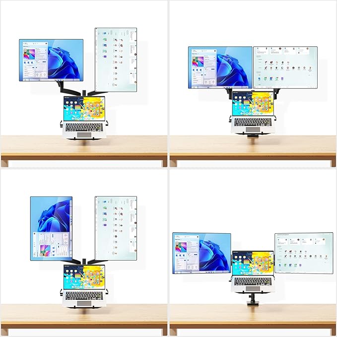 WALI Triple Arm Laptop and Dual Monitor Desk Mount for 17" Notebook and Up to 32" Screens, Adjustable Gas Spring Monitor Arms with Tilt Swivel Rotation, VESA 75x75 100x100, Black (GSDM003LP)