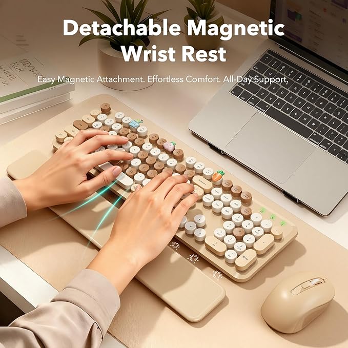 Wireless Keyboard and Mouse Combo, Round Keycaps, Full-Size Retro Typewriter Keyboard with Detachable Wrist Rest, Sleep Mode & Tilt Legs, 2.4GHz Cordless Connection for Mac/Windows/PC (Latte-Colorful)