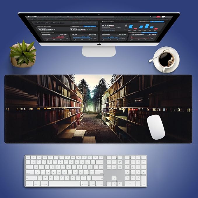 Wknoon. Extra Large Gaming & Office Mouse Pad (31.5" x 11.8") – Vintage Bookshelf Library in Forest Academic Themed, Premium Anti-Slip XXL Desk Mat with Durable Stitched Edges