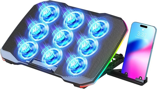 Laptop Cooling Pad, Gaming Laptop Cooler with 9 Quiet Fans, Laptop Cooling Stand for 12-17 Inch, Laptop Computer Fan with 5 Height Adjustable,2 USB Ports,1 Phone Stand
