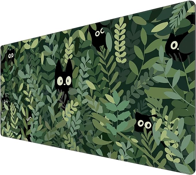 Kawaii Cat Mouse Pad Xl-31.5x15.7in-Anime Black Cat Green Plant Desk Mat Pad-Extended Aesthetic Keyboard Mouse Pad-for Desk Kid Girl with Stitched Edges Non-Slip Cozy Office Decor