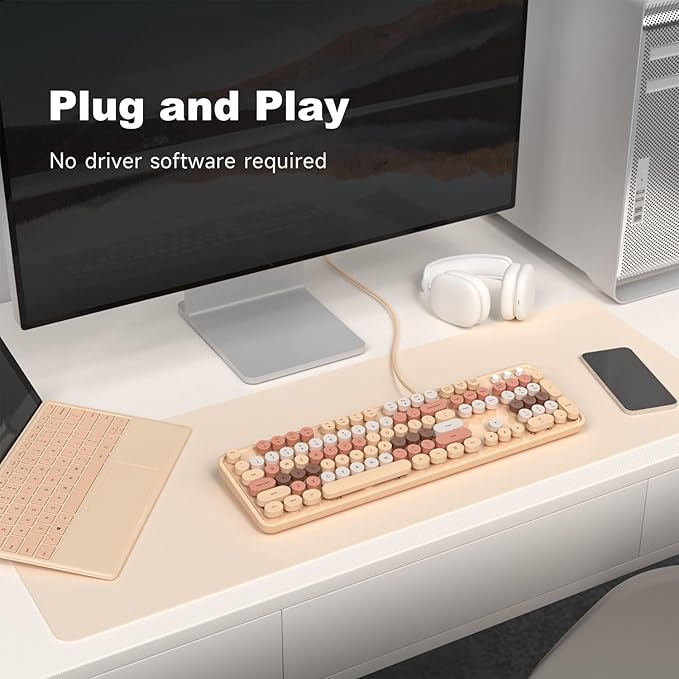 KNOWSQT Wired Computer Keyboard - Milk Tea Colorful Retro Full Size Round Keycaps Plug and Play Typewriter Cute Keyboards for Windows, Laptop, PC, Desktop, Computer