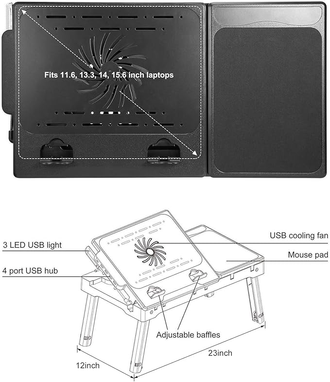 Moclever Laptop Bed Stand – Adjustable Laptop Table with Cooling Fan, Foldable Laptop Desk with USB Hub, LED Light & Storage – Multi-Functional Computer Tray for Bed, Sofa, Home, and Office