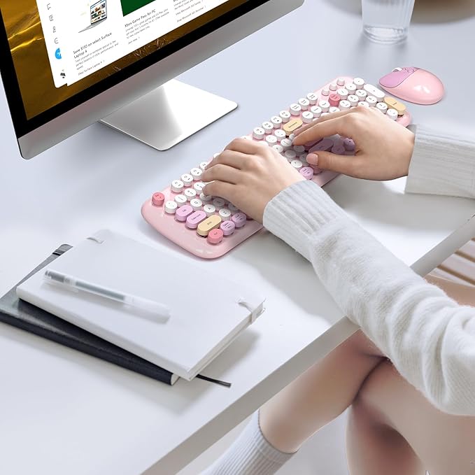 Retro Wireless Keyboard and Mouse Combo, SQMD Full-Size Office Typewriter Keyboard with Round Colorful Keycaps, 2.4G Cute Quiet Mouse for Windows PC, Home, Office, and College - Pink