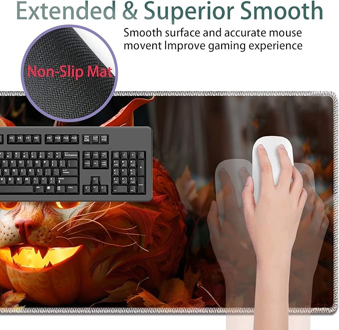 Large Gaming Mouse Pad + Keyboard Wrist Rest + Wrist Support + Coaster Set, Memory Foam Ergonomic for Easy Typing, XXL Extended Gaming Mouse Pad Table Pad - Pumpkin Cat