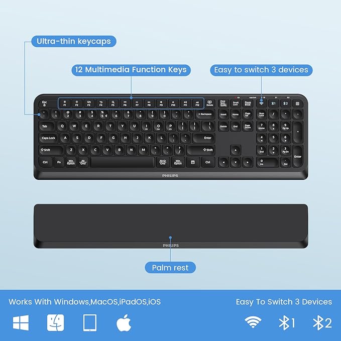 PHILIPS Bluetooth Keyboard and Mouse Combo, Ergonomic Design with Wrist Rest for Computer Keyboard, Bluetooth/2.4Ghz 3-Device Connectivity, Wireless Keyboard and Mouse Set for Windows/Android, Black