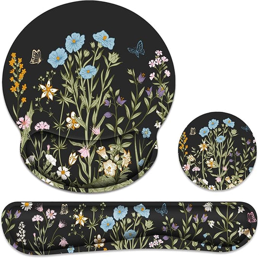 Ergonomic Mouse Pad with Wrist Rest and Keyboard Wrist Rest, Memory Foam Wrist Rest for Computer Keyboard, Easy Typing, Pain Relief, Black Mouse Pad Wrist Support for Gaming,Office, Laptop, Floral