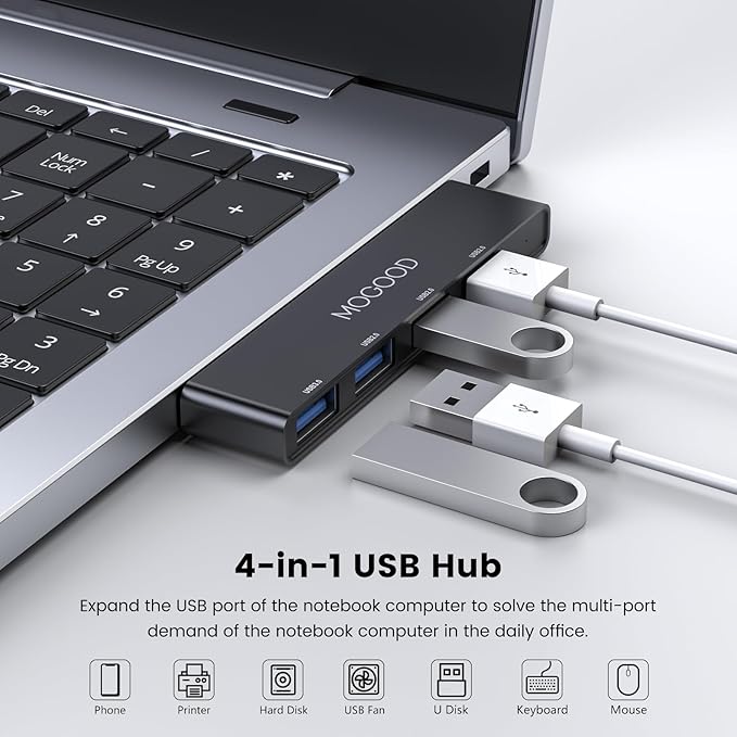 MOGOOD USB Hub 3.0, 4-Port USB Splitter – No Cable, Ultra-Slim, Adds 4 USB Ports to Your Laptop in Seconds – Plug & Play Data Hub for Mouse, Keyboard, Flash Drive, Printer