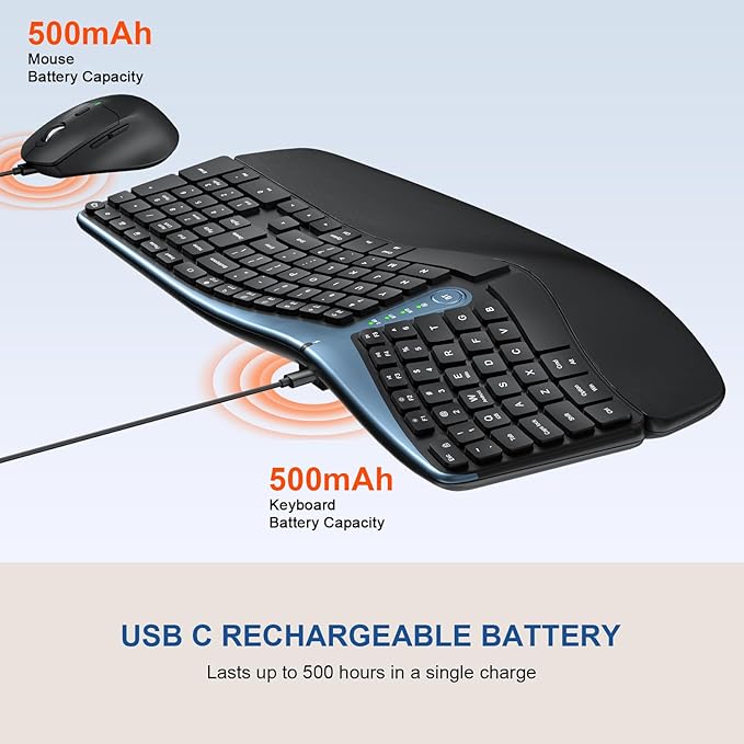 Ergonomic Wireless Keyboard and Mouse, MK835 Ergo Bluetooth/2.4G Split Design Keyboard Mouse Combo with Cushioned Palm Rest, Multi-Device, Wave Keys, Rechargeable, for Windows/Mac/Android