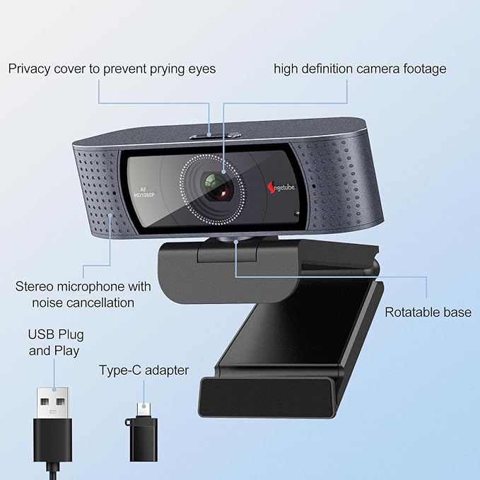 Angetube 1080P HD Webcam with Microphone, Computer Camera, 2 Mics, USB Type-A & A-to-C Adapter, Plug & Play USB PC Camera for Laptop, Web Cam for Online Calling, Zoom/Teams/Facetime, 2025 Version