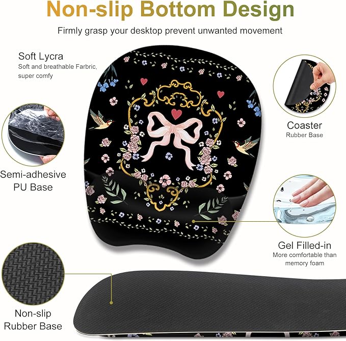 Mouse Pad with Wrist Support 4 in1 Set, XXL Big Game Mousepad + Keyboard Wrist Rest + Mouse Wrist Rest Pad +Coaster Gaming Mat for Home Office Work Computer Laptop I Vintage Floral Romantic Bow