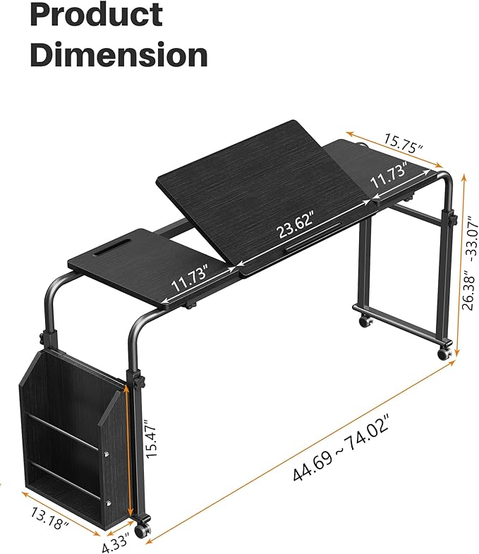Laptop Desk for Bed,6-Angle Adjustable Overbed Table with Wheels,Adjustable Height and Length Bed Table for Laptop with Side Bookshelf,Standing Desk,Over Bed Desk for Working Hospital Home (Black)